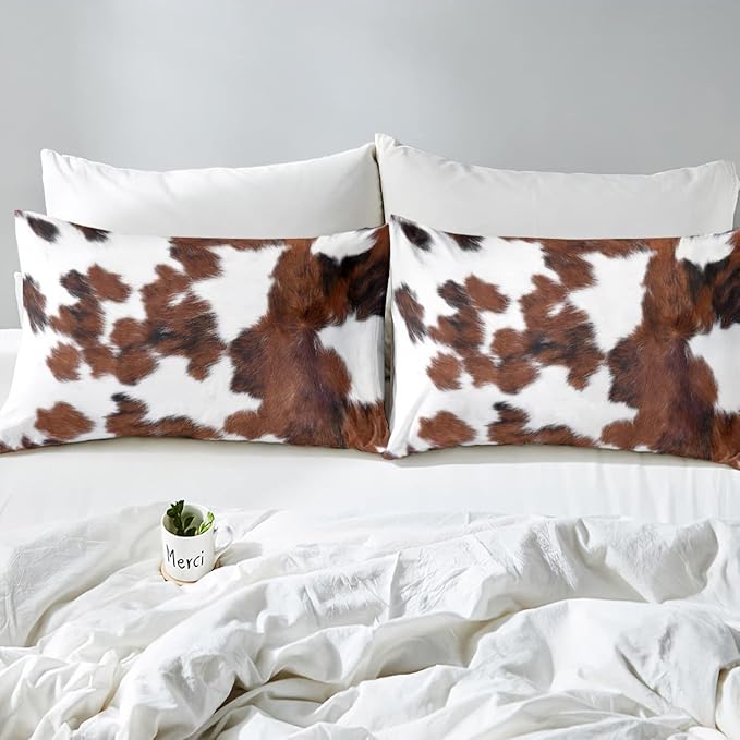 Erosebridal Cowhide Comforter Set for Kids Boys, Cute Brown White Cow Bedding Set Twin Size, Farm Animal Skin Down Comforter Western Cowboy Country Duvet Sets Farmhouse Decoration - LeafyLoom