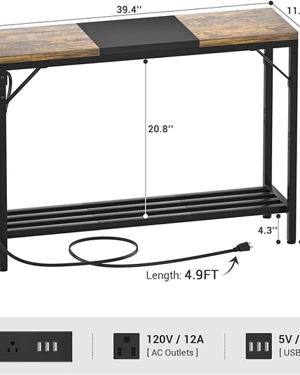 Narrow Console Table with Power Strips, Sofa Table with Storage Shelves for Living Room, 2-tier Foyer Tables for Entryway, Hallway, Behind Couch, Kitchen Counter, 39'', Rustic & Black - LeafyLoom