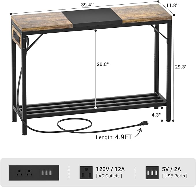 Narrow Console Table with Power Strips, Sofa Table with Storage Shelves for Living Room, 2-tier Foyer Tables for Entryway, Hallway, Behind Couch, Kitchen Counter, 39'', Rustic & Black - LeafyLoom