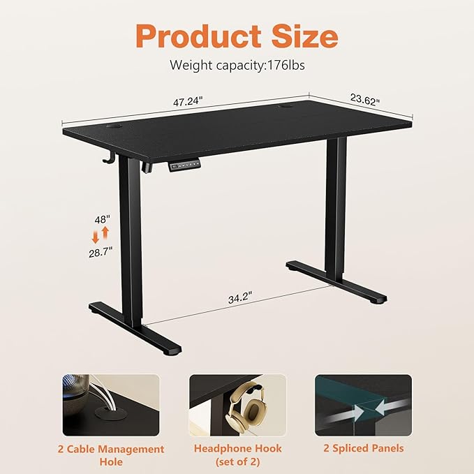 Sweetcrispy Electric Adjustable Height Standing Desk - 48 x 24 inch Sit to Stand Up Desk with Splice Board, Rising Home Office Computer Table with 2 Hook and Wire Hole for Work - LeafyLoom