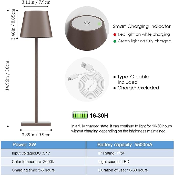2 Packs LED Cordless Table Lamp, Rechargeable Battery Desk lamp 5500mAh Battery Operated Stepless Dimming Modern Portable Table Light for Restaurant/Table/Bedroom/Outdoor IP54 Waterproof (Rust Red) - LeafyLoom