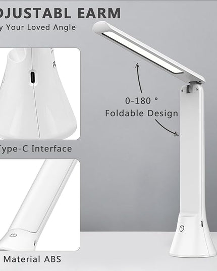 Rechargeable Desk Lamp with Flashlight Function, Battery Powered Desk Lamps for Home Office, Portable Foldable LED Desk Lamps, Cordless Desk Lamps, Small Lamps for Small Spaces, White - LeafyLoom