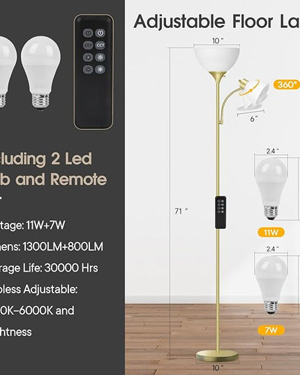 Led Floor Lamp, Super Bright 11W+7W 2100LM Torchiere Floor Lamps for Living Room, Stepless Adjustable 4 Color Temperatures 3000K-6000K with Remote Control for Bedroom(Golden) - LeafyLoom