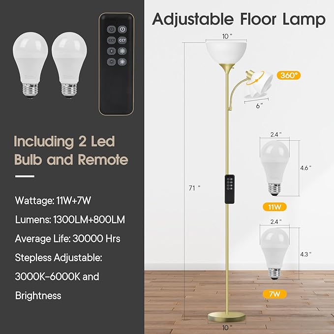 Led Floor Lamp, Super Bright 11W+7W 2100LM Torchiere Floor Lamps for Living Room, Stepless Adjustable 4 Color Temperatures 3000K-6000K with Remote Control for Bedroom(Golden) - LeafyLoom