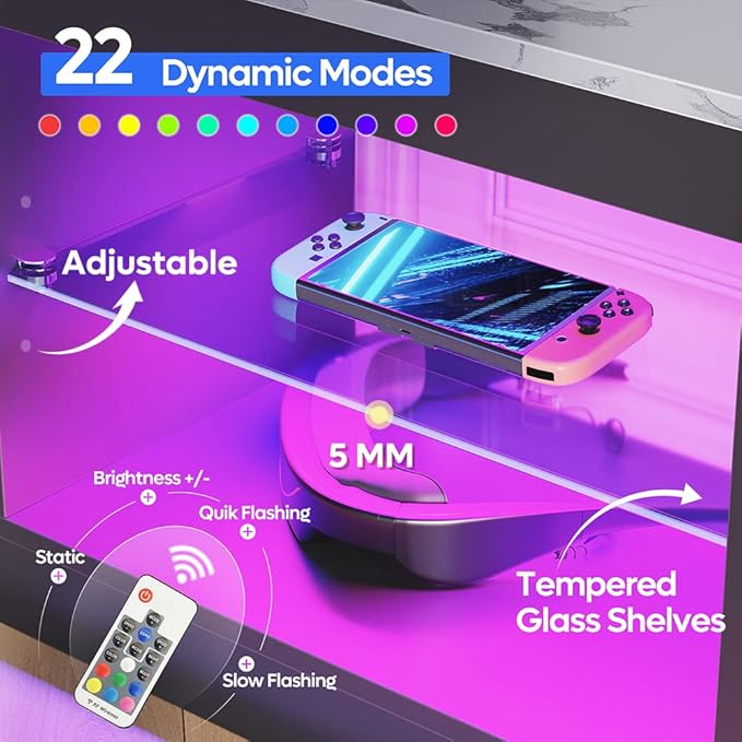 Bestier White Marble TV Stand LED Entertainment Center Gaming TV Stand for 55 Inch TV RGB Television Stand with 2 Adjustable Glass Shelves PS4 Game Console Cabinet for Living Room - LeafyLoom