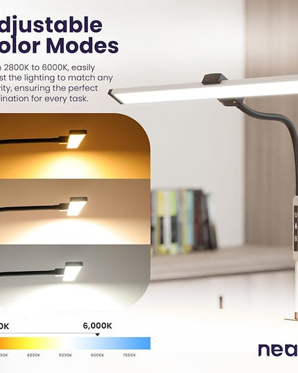 Neatfi Modern Desk Lamp with Clamp, Touch & Remote Controlled, 15W, Adjustable Color Temperature (3000K-6000K), Stepless Dimming, Flicker-Free, Wide-Angle Lighting for Home (Gooseneck, Silver) - LeafyLoom