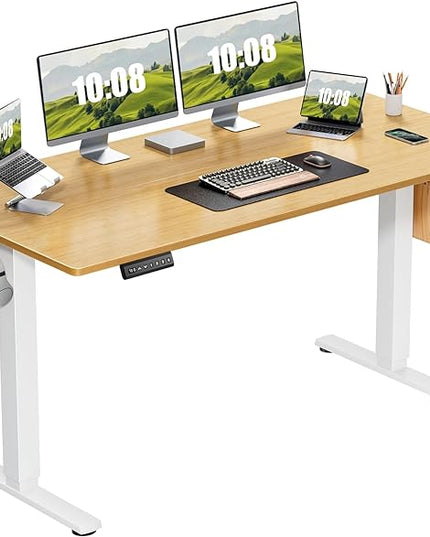 Sweetcrispy Electric Adjustable Height Standing Desk - 63 x 24 inch Sit to Stand Up Desk with Splice Board, Rising Home Office Computer Table with 2 Hook and Wire Hole for Work - LeafyLoom