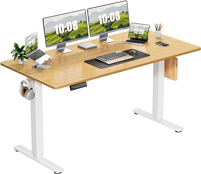 Sweetcrispy Electric Adjustable Height Standing Desk - 63 x 24 inch Sit to Stand Up Desk with Splice Board, Rising Home Office Computer Table with 2 Hook and Wire Hole for Work - LeafyLoom