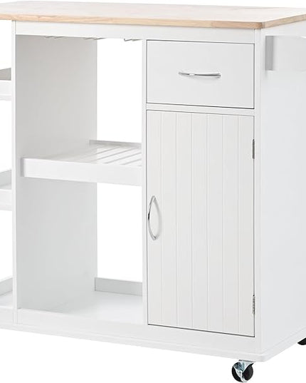 Kitchen Island Cabinet with Side Storage & Rubber Wood Top, Multipurpose Mobile Cart On Wheels w/Wine Rack and Adjustable Shelves for Dining Room, Home, Bar - LeafyLoom