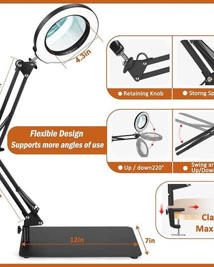 Veemagni 10X Magnifying Glass with Light and Stand, 5 Color Modes Stepless Dimmable 2-in-1 Desk Lamp & Clamp, LED Lighted Magnifier with Light, Hands Free for Repair Craft Hobby Close Work - LeafyLoom