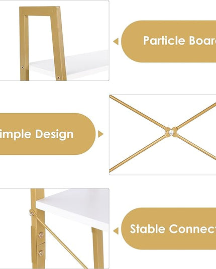 finetones 5-Tier Ladder Shelf, Gold Bookcase Bookshelf with Metal Frame, Display Shelf Plant Rack Accent Furniture for Home Office, White/Golden - LeafyLoom