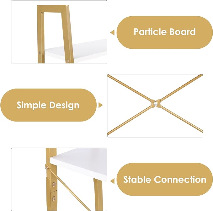 finetones 5-Tier Ladder Shelf, Gold Bookcase Bookshelf with Metal Frame, Display Shelf Plant Rack Accent Furniture for Home Office, White/Golden - LeafyLoom