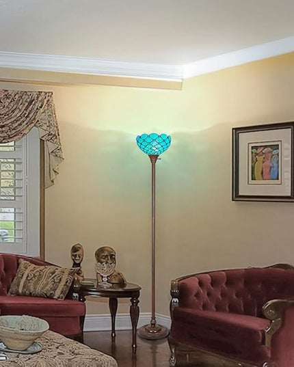 Capulina Tiffany Torchiere Floor Lamp 69 Inches Tall Industrial Pole Seagrass Blue Beads Style Stained Glass Standing Light for Home Office Living Room Bedroom - LeafyLoom