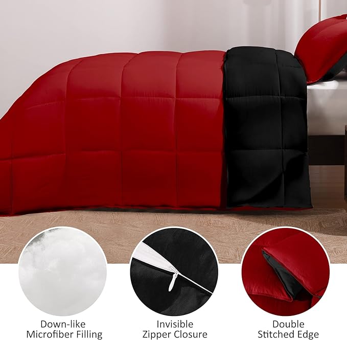 Basic Beyond King Size Comforter Set - Fluffy King Bed Comforter Set for All Seasons - Reversible Red Comforter Set King - 3 Pieces (1 Comforter + 2 Pillow Shams) - Red/Black - LeafyLoom