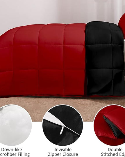Basic Beyond Queen Comforter Set - Fluffy Comforter Queen Set for All Seasons - Reversible Red and Black Comforter Set Queen for Mens - 3 Pieces (1 Comforter + 2 Pillow Shams) - LeafyLoom