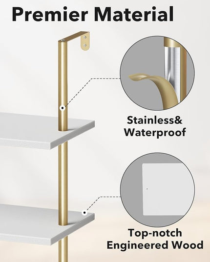 Ladder Shelf Bookcase 5 Tier, Extra Sturdy Modern Bookshelf Wall Mounted, Tall Standing Open Shelf White and Gold, Industrial Metal Frame with Wooden Shelf - LeafyLoom