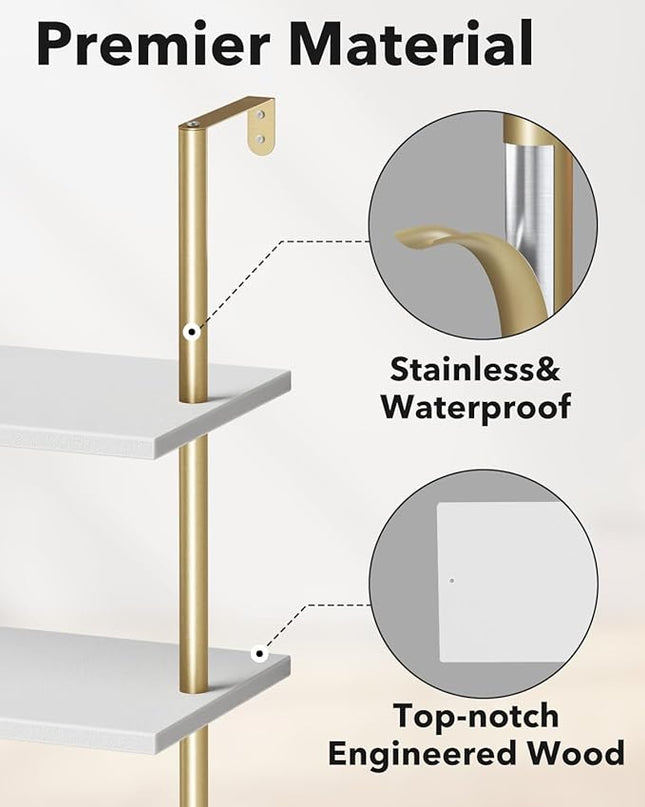 Ladder Shelf Bookcase 5 Tier, Extra Sturdy Modern Bookshelf Wall Mounted, Tall Standing Open Shelf White and Gold, Industrial Metal Frame with Wooden Shelf - LeafyLoom