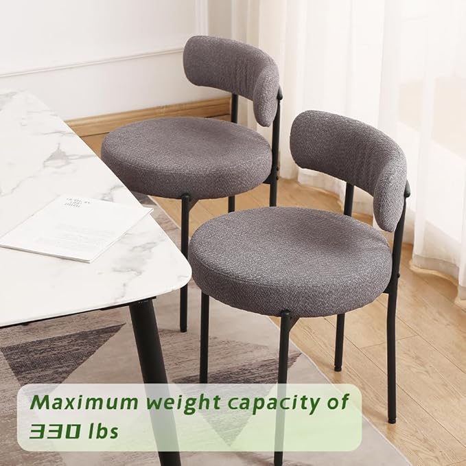 EDWELL Boucle Dining Chairs Set of 6, Modern Upholstered Dining Room Chairs with Black Metal Legs, Dark Grey Curved Backrest Kitchen Chair for Dining Room, Living Room - LeafyLoom