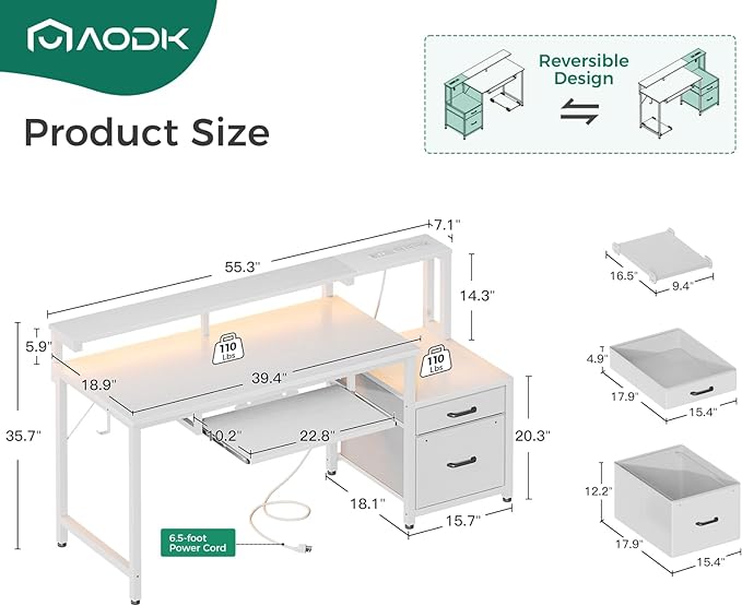 AODK 55 Inch Computer Desk with Power Outlet and LED Light, Reversible Office Desk with File Cabinet and Drawer, Gaming Desk with Keyboard Tray, Study Table with Full Monitor Riser and PC Stand, White - LeafyLoom