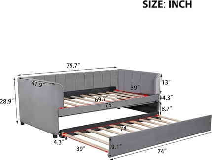Twin Size, Upholstered Daybeds with Ergonomic Design Backrest and Trundle, Velvet Sofa Day Bed Frame for Kids Teens Adults, Space-Saving, Easy Assembly, Gray - LeafyLoom