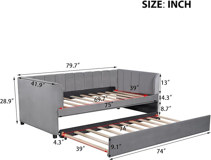 Twin Size, Upholstered Daybeds with Ergonomic Design Backrest and Trundle, Velvet Sofa Day Bed Frame for Kids Teens Adults, Space-Saving, Easy Assembly, Gray - LeafyLoom