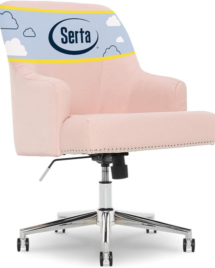 Serta Leighton Modern Office Chair, Stylish Mid-Back Desk Chair, Rivet Detail, Serta Quality Memory Foam, Armchair with Wheels, Vanity Chair, Swivel Chrome Metal Base, Twill Fabric, Blush Pink - LeafyLoom
