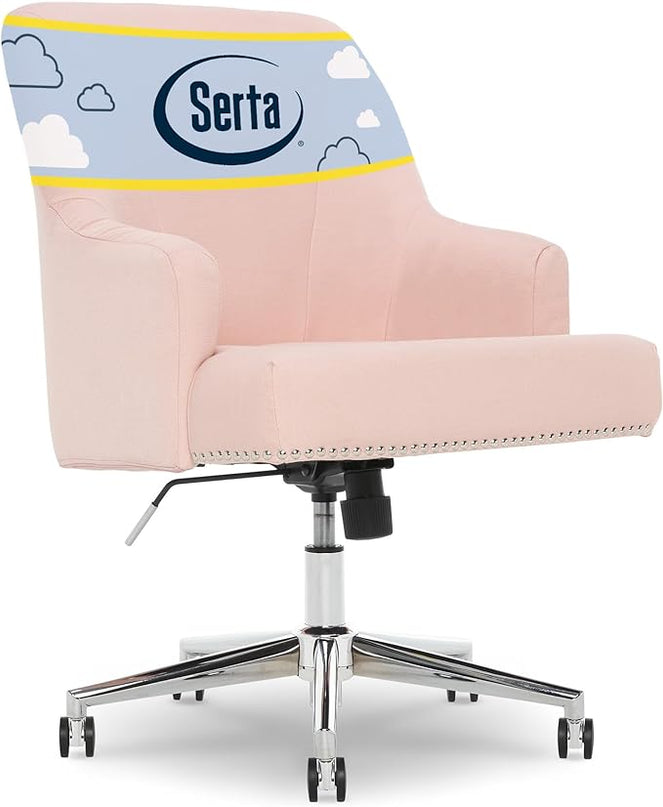 Serta Leighton Modern Office Chair, Stylish Mid-Back Desk Chair, Rivet Detail, Serta Quality Memory Foam, Armchair with Wheels, Vanity Chair, Swivel Chrome Metal Base, Twill Fabric, Blush Pink - LeafyLoom