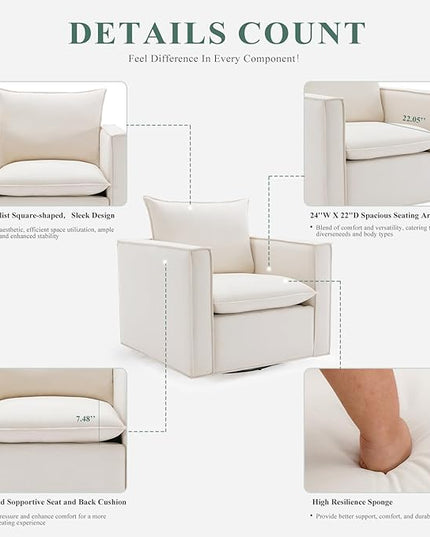 Swivel Accent Chair, 34 Inches Wide Upholstered Arm Chair with Plump Back Pillow, Modern Sofa Living Room Chair for Bedroom, Corner, Reading Nook-Beige - LeafyLoom