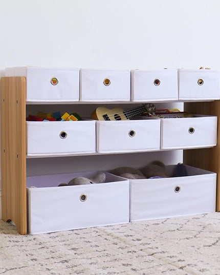 Humble Crew Kids Toy Organizer with 9 Collapsible Fabric Storage, Natural Wood and White Bins - LeafyLoom