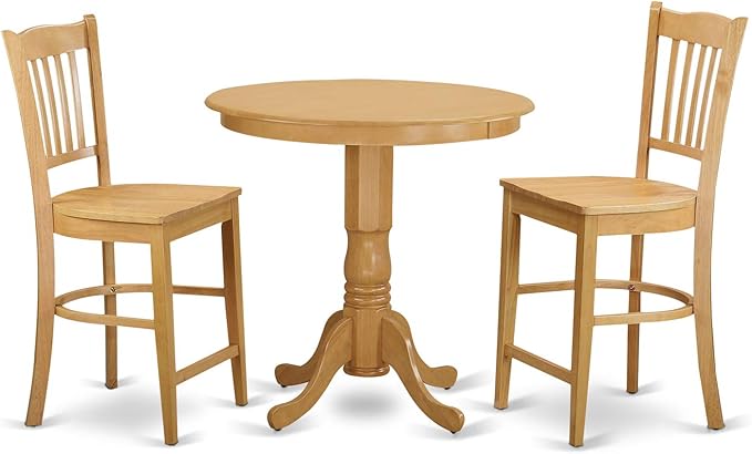 East West Furniture JAGR3-OAK-W 3 Piece Kitchen Counter Height Dining Table Set Contains a Round Wooden Table with Pedestal and 2 Dining Chairs, 36x36 Inch, Oak - LeafyLoom