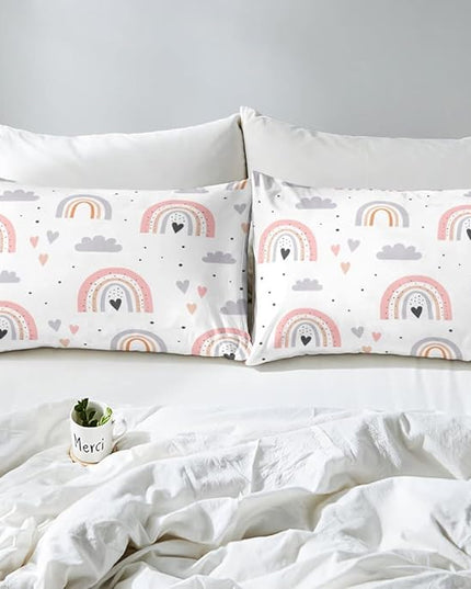 Rainbow Queen Bedding Sets For Girls, Kawaii Cloud Comforter Set 3 Pieces With 2 Pillow Cases, Pink Love Heart Down Comforter For Kids Boys Women Adult, Hand Drawn Cartoon Rainbow Duvet Insert - LeafyLoom
