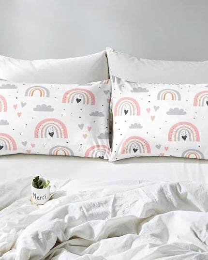 Rainbow Twin Bedding Sets For Girls, Kawaii Cloud Comforter Set 2 Pieces With 1 Pillow Case, Pink Love Heart Down Comforter For Kids Boys Women Adult, Hand Drawn Cartoon Rainbow Duvet Insert - LeafyLoom