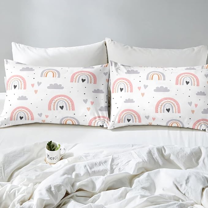 Rainbow Twin Bedding Sets For Girls, Kawaii Cloud Comforter Set 2 Pieces With 1 Pillow Case, Pink Love Heart Down Comforter For Kids Boys Women Adult, Hand Drawn Cartoon Rainbow Duvet Insert - LeafyLoom
