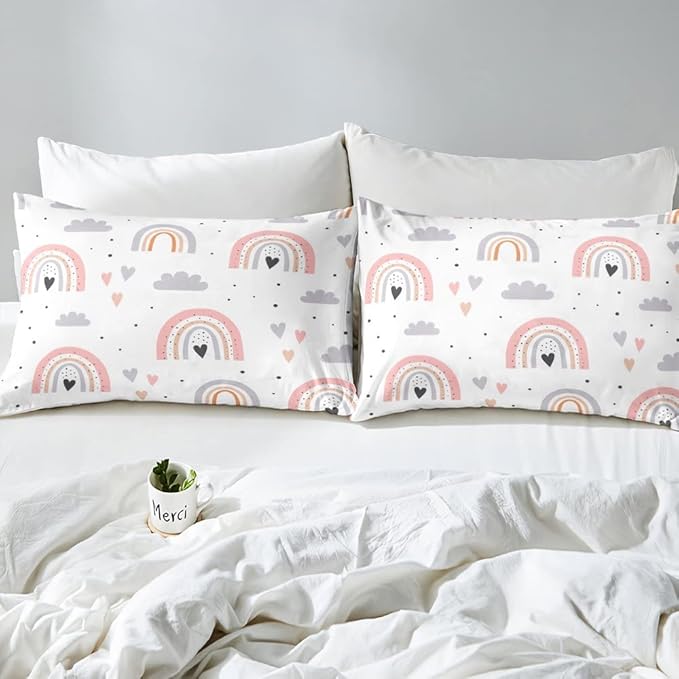 Rainbow Full Bedding Sets For Girls, Kawaii Cloud Comforter Set 3 Pieces With 2 Pillow Cases, Pink Love Heart Down Comforter For Kids Boys Women Adult, Hand Drawn Cartoon Rainbow Duvet Insert - LeafyLoom