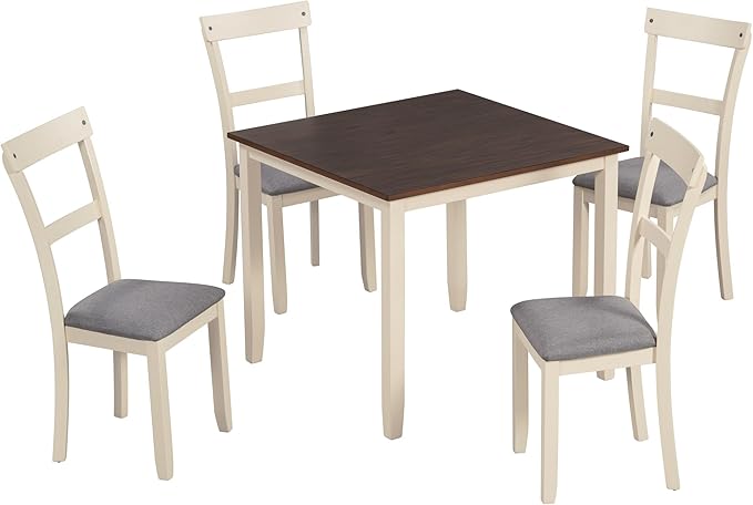 5 Piece Set Industrial Wooden Kitchen Table and 4 Chairs for Dining Room, Brown+Cottage White - LeafyLoom