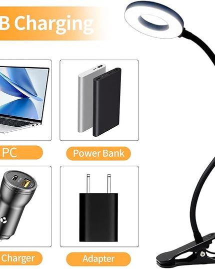 LQWELL® LED Desk Lamp Clip-on Ring Reading Light, 3 Color Temperatures, 10 Brightness Levels & Stepless Dimming, 360° Flexible Clamp Table Lights for Home Office (Neck Length 70CM) - LeafyLoom