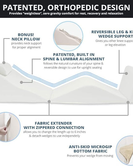 Contour BackMax Bed Wedge Lumbar Support System - Multi-Positional Back, Leg & Knee Elevation Pillows for Sleep & Recovery with Orthopedic Zero Gravity Weightless Comfort - Bonus Half Roll Neck Pillow - LeafyLoom