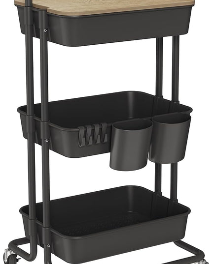 DTK 3 Tier Rolling Cart Uility Cart with Cover Board, Mobile Storage Cart with Wheels, Cups, Hooks for Office Utility Kitchen Bathroom Homeschool Art Craft Postpartum Teacher Cart Organizer(Black) - LeafyLoom