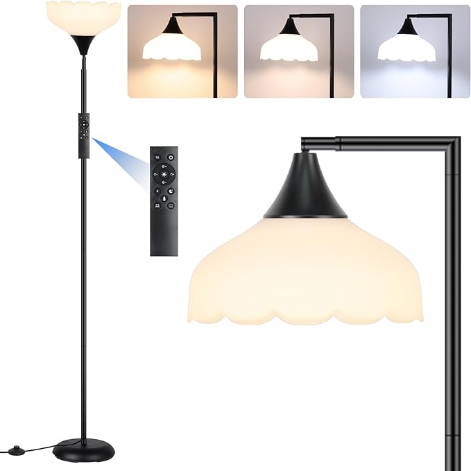 Floor Lamp with Remote, 2 in 1 Dimmable Standing Lamp for Reading, 76" Tall Lamp with Stepless Adjustable 3000K-6500K Colors, Black Torchiere Lamp for Living Room Bedroom Office, E26 LED Bulb Included - LeafyLoom