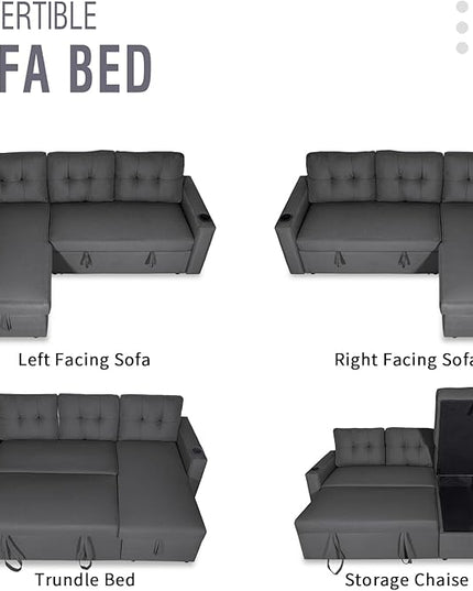 IULULU L Shaped Sectional Sofa, 82 Inch Convertible Sleeper with Pullout Bed, Storage Chaise, Cupholders, 2 in 1 Pull Out Couch for Living Room, Apartment, Charcoal Grey - LeafyLoom