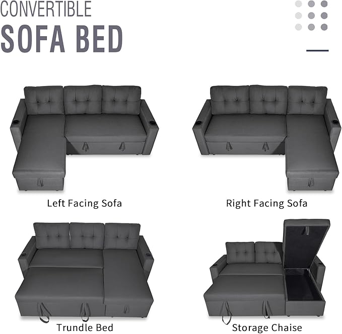 IULULU L Shaped Sectional Sofa, 82 Inch Convertible Sleeper with Pullout Bed, Storage Chaise, Cupholders, 2 in 1 Pull Out Couch for Living Room, Apartment, Charcoal Grey - LeafyLoom