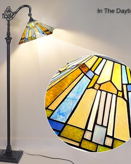 Capulina Tiffany Floor Lamp H62 Tall Antique Mission Style Stained Glass Soft Light Arched Gooseneck Adjustable Angle Reading Lamp for Living Room Bedroom - LeafyLoom