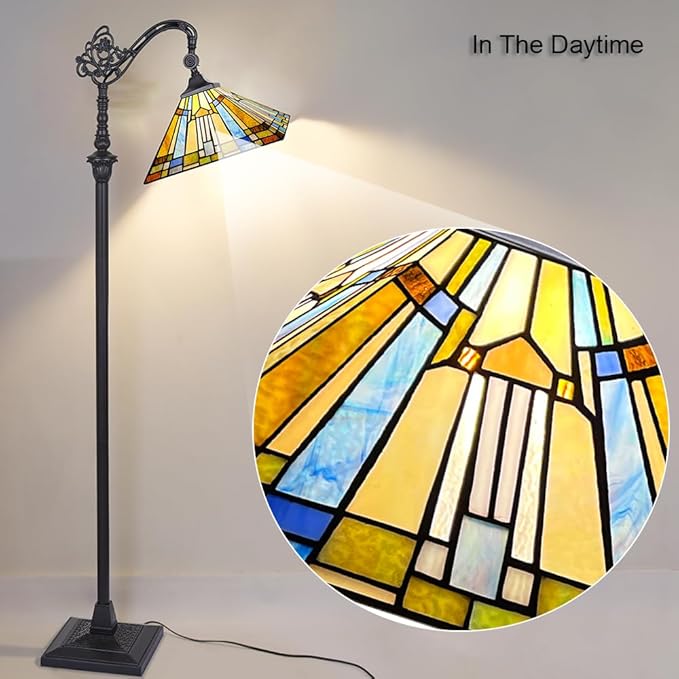 Capulina Tiffany Floor Lamp H62 Tall Antique Mission Style Stained Glass Soft Light Arched Gooseneck Adjustable Angle Reading Lamp for Living Room Bedroom - LeafyLoom