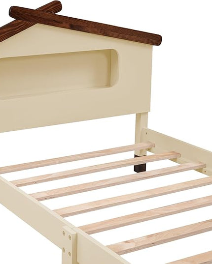 Bellemave Twin Size Cream Wood Kids Bed Frame, House-Shaped Headboard with Motion Activated Night Lights, Sturdy Construction, Easy Assembly, 200 lbs Capacity - LeafyLoom