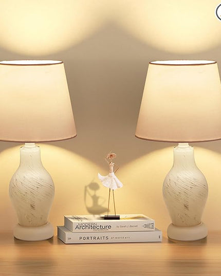 Table Lamps for Bedroom Set of 2, 14" Small Bedside Nightstand Lamp, Wine Bottle Shape Glass Body, Bulb Included, White - LeafyLoom