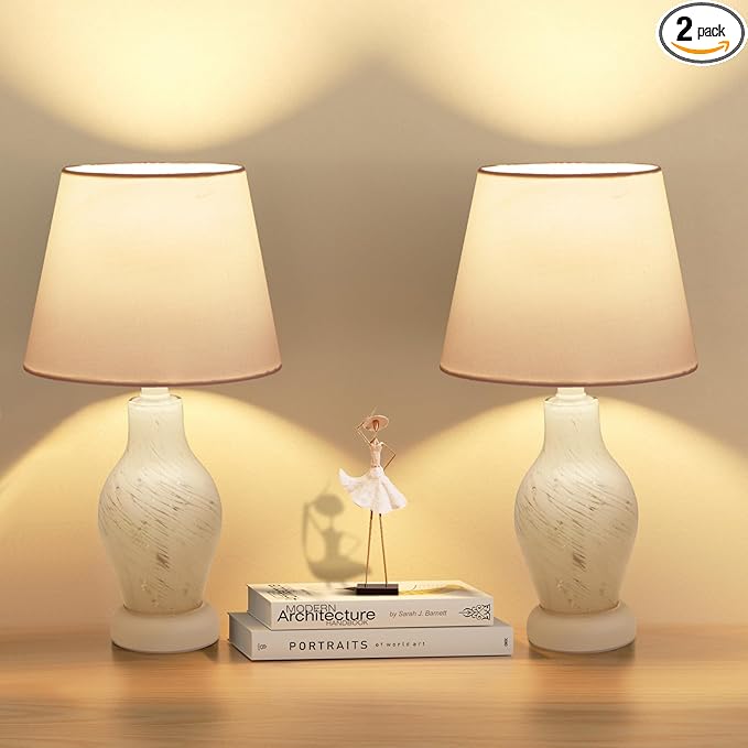 Table Lamps for Bedroom Set of 2, 14" Small Bedside Nightstand Lamp, Wine Bottle Shape Glass Body, Bulb Included, White - LeafyLoom
