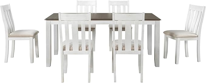 RITSU Retro Style 7-Piece Dining Set with Extendable Table and 6 Upholstered Chairs, for Living, Guest Room, Home Bar and Kitchen, Brown+White, Onesize, Natural Wood Wash - LeafyLoom