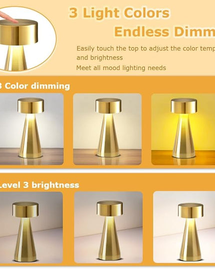 Portable Metal Desk Lamp,3-Color Touch Control, Rechargeable Battery - Ideal Bedside Lamp for Bedroom Nightstand (Gold) - LeafyLoom