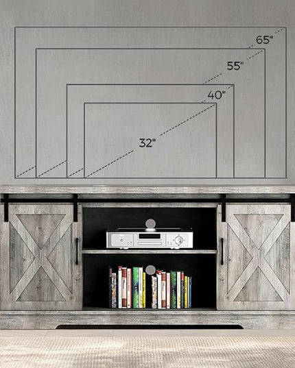 Farmhouse TV Stand for 65 Inch TV Entertainment Center TV Media Console Cabinet, Grey TV Stand with Storage, Barn Doors and Shelves, Tall Modern TV Console Table Furniture for Living Bedroom - LeafyLoom
