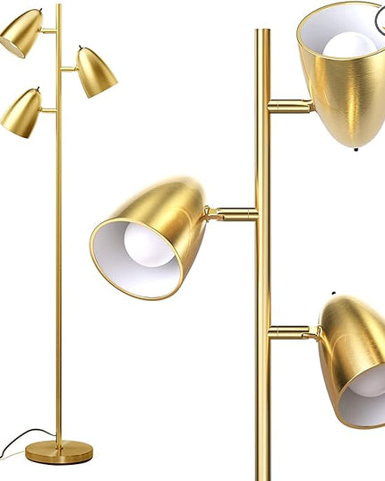 addlon Tree Floor Lamp with 3 Adjustable Rotating Lights and Matching LED Bulbs, Standing Tall Pole Lamps for Living Room, Bedroom, Home, Office - Brass Gold - LeafyLoom
